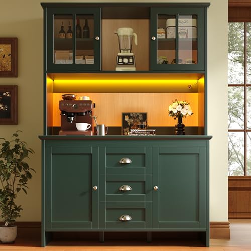 Trdlpyn Hochschränke fürs Wohnzimmer (120 x 40 x 179 cm), Küchenschrank Sideboard mit braunen Glastüren und LED-Beleuchtung, Variable Lichtfarben, Buffetschrank Küchenbuffet, Grün von Trdlpyn