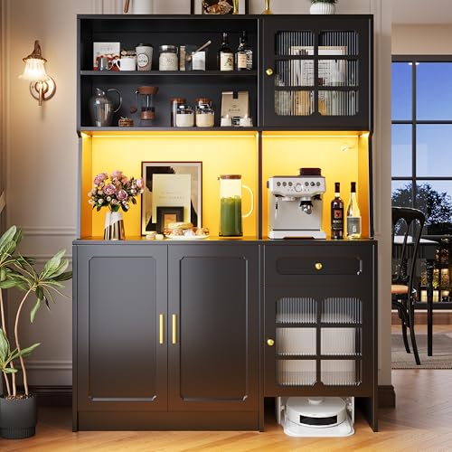 Trdlpyn Hochschränke fürs Wohnzimmer (130 x 45 x 180 cm), Küchenschrank Sideboard mit Glastüren und LED-Beleuchtung, Variable Lichtfarben, Buffetschrank Küchenbuffet, Schwarz von Trdlpyn