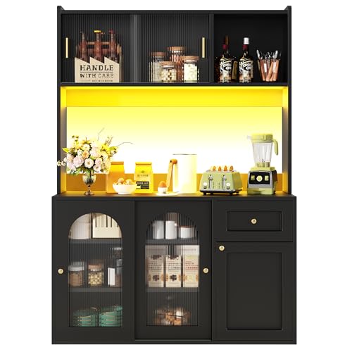 Trdlpyn Hochschrank Buffetschrank mit LED-Beleuchtung, Küchenschrank Vitrinenschrank mit Schubladen und Verstellbaren Ablagen, Sideboard Anrichte Kommode Esszimmermöbel, Schwarz Trdlpyn Hochschrank Buffetschrank mit LED-Beleuchtung, Küchenschrank Vitrinenschrank mit Schubladen und Verstellbaren Ablagen, Sideboard Anrichte Kommode Esszimmermöbel, Schwarz von Trdlpyn