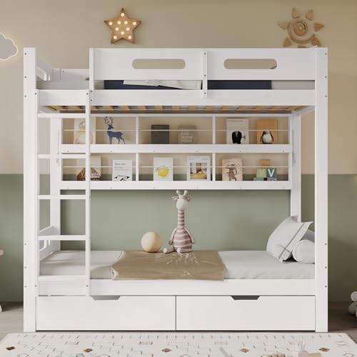 Trdlpyn Kinderbett Etagenbett 90x200cm mit Zwei Schubladen auf Rollen und Offenes Regal, Hochbett Doppelbett mit Lattenrost&Rausfallschutz, Stockbett Jugendbett Bettrahmen aus Holz, Weiß von Trdlpyn