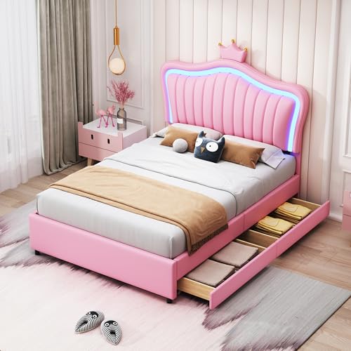 Trdlpyn Polsterbett Einzelbett 90x200 cm mit 2 Schubladen, Höhenverstellbares Kronen Kopfteil mit LED-Beleuchtung, Kinderbett Bettgestell mit Lattenrost, PU-Leder, Rosa Trdlpyn Polsterbett Einzelbett 90x200 cm mit 2 Schubladen, Höhenverstellbares Kronen Kopfteil mit LED-Beleuchtung, Kinderbett Bettgestell mit Lattenrost, PU-Leder, Rosa von Trdlpyn