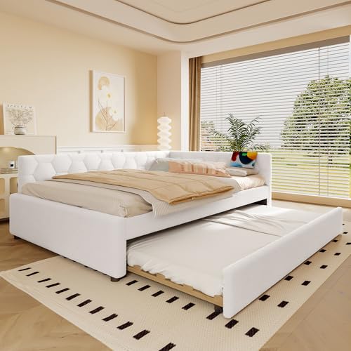 Trdlpyn Schlafsofa 140 x 200 cm mit ausziehbarem Bett, Doppelbett mit Nachttischlampe und USB-C-Anschluss, Lattenrost, Kunstfleece (ohne Matratze), weiß von Trdlpyn