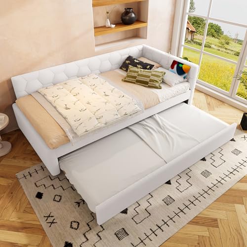 Trdlpyn Schlafsofa 90 x 200 cm mit ausziehbarem Bett, Einzelbett mit Nachttischlampe und USB-C-Anschluss, Lattenrost, Kunstfleece (ohne Matratze), weiß von Trdlpyn