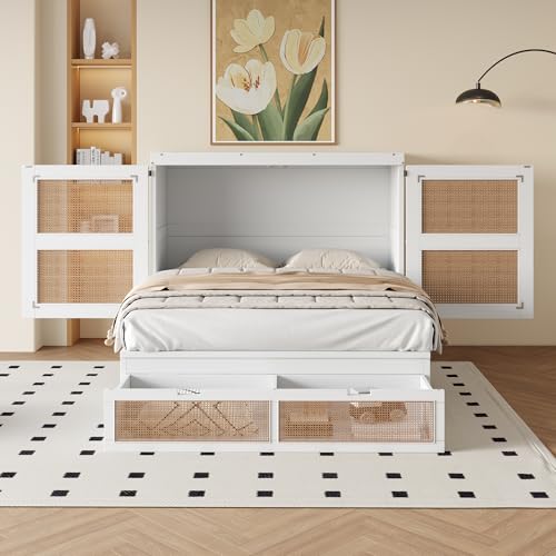 Trdlpyn Schrankbett 140 x 200 cm mit Lattenrost, Rattan Vertikales Wandbett mit Stauraumschubladen, Wandklappbett Einzelbetten Jugendbetten Massivholzbett, Weiß von Trdlpyn