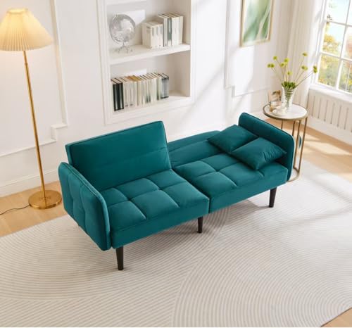Trdlpyn Verstellbares Schlafsofa mit Rückenlehne mit Bettfunktion, 2-Sitzer-Sofa mit Samtbezug und klappbaren Armlehnen, für Zuhause oder Wohnungen (Antik-Blau) von Trdlpyn