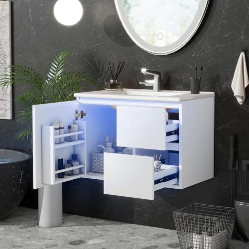 Trdlpyn Wandhängend Badezimmerschränk 76x46x50cm, Integriertes Waschbecken mit LED-Radarsensor-Beleuchtung, Zwei Schubladen, Linke und Rechte Ablage, Einzel Waschtisch Badmöbel Trdlpyn Wandhängend Badezimmerschränk 76x46x50cm, Integriertes Waschbecken mit LED-Radarsensor-Beleuchtung, Zwei Schubladen, Linke und Rechte Ablage, Einzel Waschtisch Badmöbel von Trdlpyn