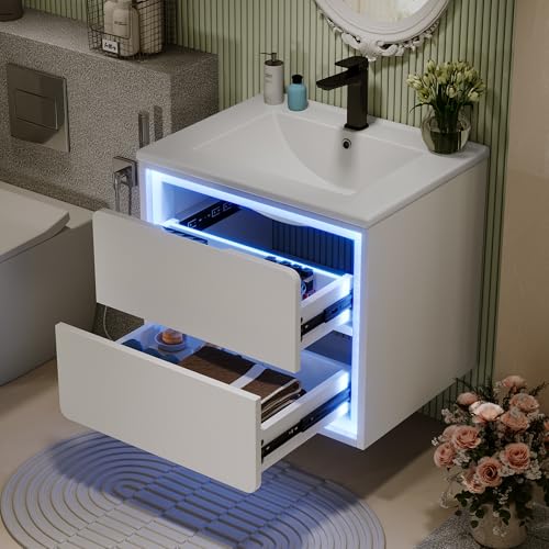 Trdlpyn Wandhängend Badezimmerschränke 60x46x50cm, integriertes Keramikwaschbecken mit LED-Radarsensor-Beleuchtung, Zwei Schubladen, Einzel Waschtisch, Waschbecken Badezimmermöbel Trdlpyn Wandhängend Badezimmerschränke 60x46x50cm, integriertes Keramikwaschbecken mit LED-Radarsensor-Beleuchtung, Zwei Schubladen, Einzel Waschtisch, Waschbecken Badezimmermöbel von Trdlpyn