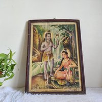 Vintage Shiv Aradhana Druck Mit Original Holzrahmen |Vintage Gott Shiva | Religiöser Tempel Dekor |Wandbehang Print Rahmen Pr175 von TreasureArtefacts