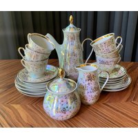 Mutterperle, Riga Porzellanfabrik Rpr, Kaffeeset Marianna, Dünnes Porzellan Espressoset, Blumenmuster-Porzellankaffeeset von TreasureMarketLatvia