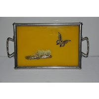 Vintage Schmetterling Glas Topped Tablett Mit Metallgriffen von TreasureTimeCapsule