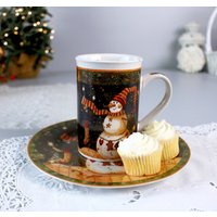 Tee/Kaffeebecher & Teller, Weihnachtskuchen Großer Becher, Vintage Cookie Milch Für Santa, Schneemann Schneeflocken Beige Grün Rot von TreasuresByJana