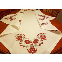 Große Rot Weiße Handgemachte Tischdecke, Nyárádmenti, Siebenbürgen Folklore Seltene Tischdecke von TreasuryCoffer