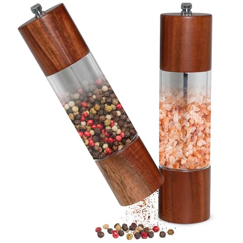 Treasy Salz- und Pfeffermühlen Set aus Holz – 2er Set Gewürzmühlen mit Keramikmahlwerk, einstellbarem Mahlgrad & nachfüllbar – edles Akazienholz, plastikfrei, 21,5 cm hoch – Geschenkidee (21.5 cm) von Treasy
