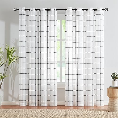 Durchsichtige Vorhänge für Wohnzimmer, 241,3 cm Länge, modern, grau-weiß, kariert, durchsichtig, Fenstervorhang für Schlafzimmer, geometrische Lichtfilterung Voiles oben, weiß grau, 2 Stück von Treatmentex