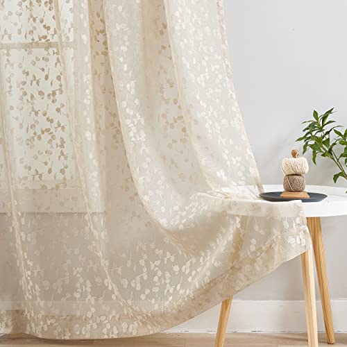 Treatmentex Beige Halbtransparente Spitze Vorhang Moderne Stickerei Gardinen mit Ösen Häkeln Stricken Vorhang mit Blattmuster für Wohnzimmer Bauernhaus Schlafzimmer 2 Stücke,B140×H180cm von Treatmentex