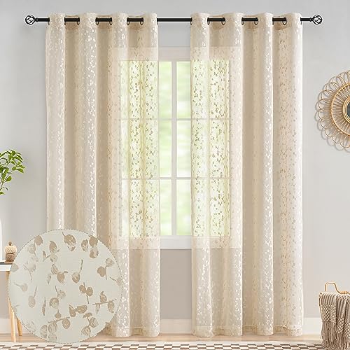 Treatmentex Beige Halbtransparente Spitze Vorhang Moderne Stickerei Gardinen mit Ösen Häkeln Stricken Vorhang mit Blattmuster für Wohnzimmer Bauernhaus Schlafzimmer 2 Stücke,B140×H225cm von Treatmentex