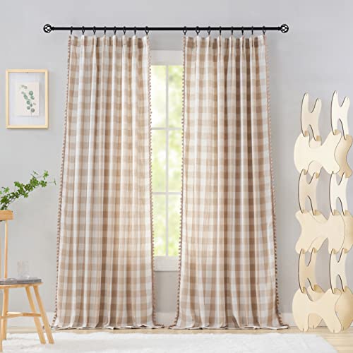 Treatmentex Beige Weiß Buffalo Kariert Gardinen mit Kräuselband Vorhang Halbtransparente 135CM Breite Gardinen Landhausstil für Bauernhaus,Schlafzimmer,Wohnzimmer-2 Stück(Beige Weiß,135x225cm) von Treatmentex