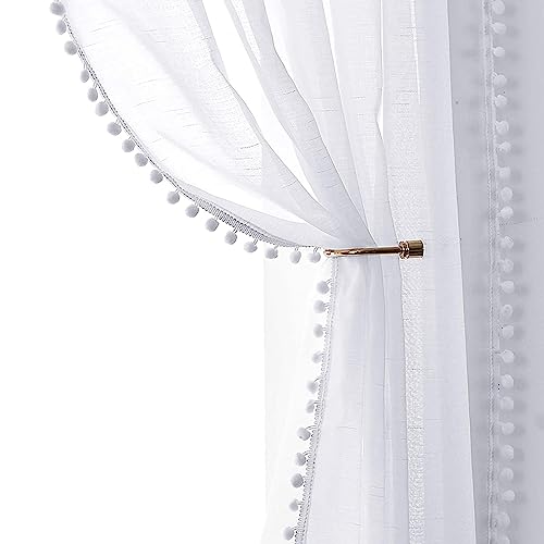 Treatmentex Boho Gardinen mit Pompons Gardinen Ösen 140 cm Breite Transparent Gardinen mit Quasten Gardinen Voile Ösenschal Dekoschal für Wohnzimmer Schlafzimmer,2 Stücke(140 x 245 cm,Weiß) von Treatmentex