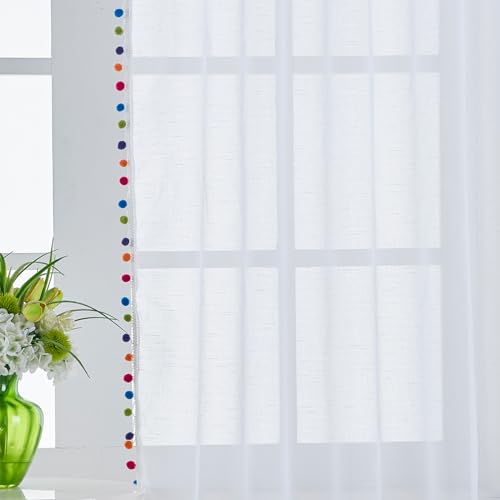 Treatmentex Boho Gardinen mit bunten Pompons Gardinen Ösen 140 cm Breite Transparent Gardinen mit Quasten Gardinen Voile Ösenschal Dekoschal für Wohnzimmer Schlafzimmer,2 Stücke(140 x225 cm,Weiß) von Treatmentex