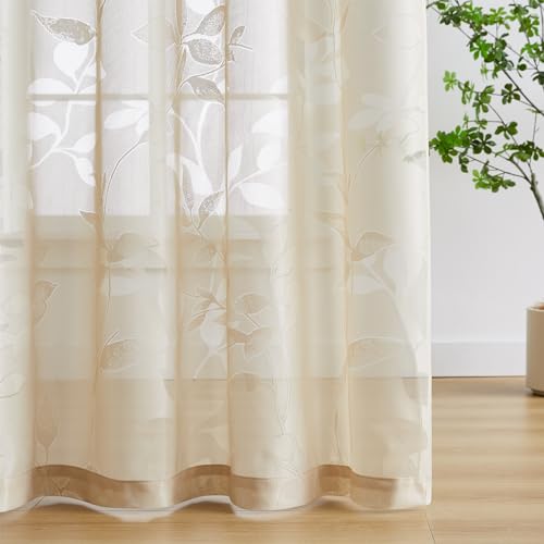 Treatmentex Durchsichtig Spitze Vorhang Jacquard Gardinen mit Ösen Blättermuster Halbtransparente Vorhänge Vintage Dekoschal Ösenvorhänge für Schlafzimmer Wohnzimmer, Beige, 2 Stücke,140×180CM(B×H) von Treatmentex