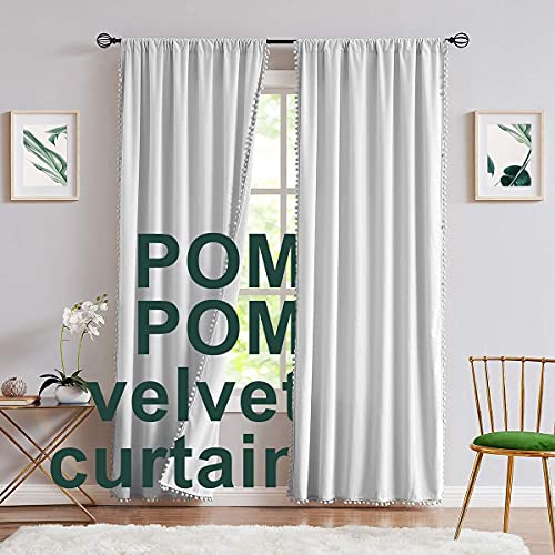 Treatmentex Graue Samtvorhänge für Schlafzimmer, Wohnzimmer, 241,3 cm, Pompom-Raumverdunkelungsvorhänge für Schlafzimmer, Baumwollgefühl, weiche Fenstervorhänge, Hellgrau, 106,7 cm B x 2 Paneele von Treatmentex