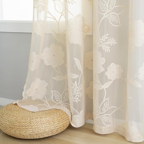 Treatmentex Spitze Vorhang Jacquard Gardinen mit Ösen Beige 3D Blumenmuster Halbtransparente Vorhänge Vintage Romantisch Dekoschal Ösenvorhänge für Mädchenzimmer Wohnzimmer,2 Stücke,140×180CM(B×H) von Treatmentex