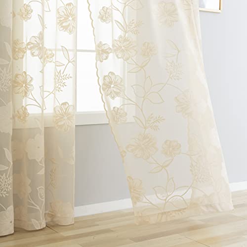 Treatmentex Spitze Vorhang Jacquard Gardinen mit Ösen Beige 3D Blumenmuster Halbtransparente Vorhänge Vintage Romantisch Dekoschal Ösenvorhänge für Mädchenzimmer Wohnzimmer,2 Stücke,140×225CM(B×H) von Treatmentex