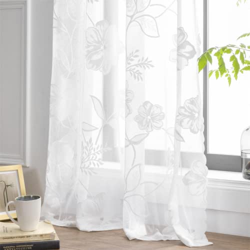 Treatmentex Spitze Vorhang Jacquard Gardinen mit Ösen Weiß 3D Blumenmuster Halbtransparente Vorhänge Vintage Romantisch Dekoschal Ösenvorhänge für Mädchenzimmer Wohnzimmer,2 Stücke,140×225CM(B×H) von Treatmentex