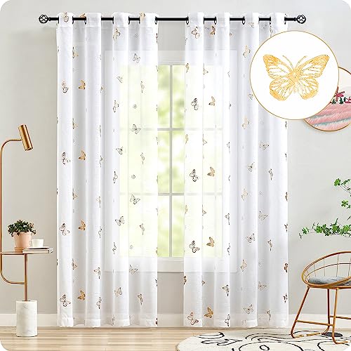 Treatmentex Vorhänge Transparent Gardinen mit Ösen Gold Schmetterling Druck Gardinen Voile Dekoschal Ösenvorhang für Mädchenzimmer, Kinderzimmer, Babyzimmer-2 Stücke(Weiß,140 x 225 cm) von Treatmentex