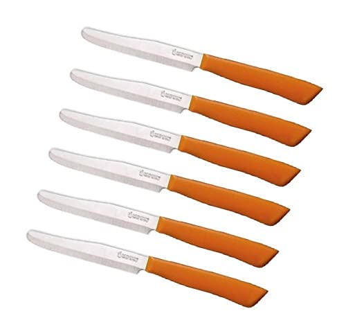 Tredoni 6 Küchenmesser - 11cm Italienischer Edelstahl Gezahnt Gemüse/Steak/Tisch Messerbesteck, abgerundete Spitze (Orange) von Tredoni