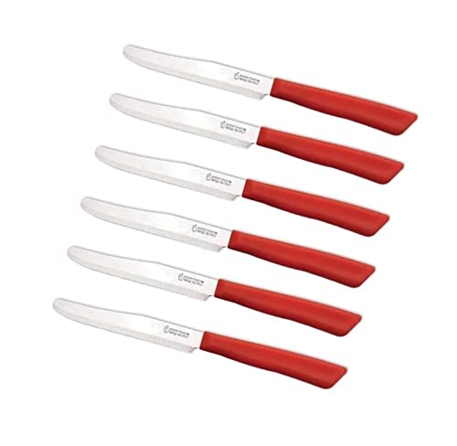 Tredoni 6 Küchenmesser - 11cm Italienischer Edelstahl Gezahnt Gemüse/Steak/Tisch Messerbesteck, abgerundete Spitze (Rot) von Tredoni