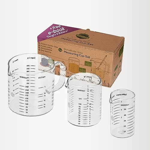 TreeBox Messbecher glas - Messbecher klein - 3er Set (250ml, 125ml & 50ml) -Englische Version -Robuste und hitzebeständige Messbecher Set aus Borosilikatglas -Mikrowellengeeignet -Zum Backen & Mischen von TreeBox