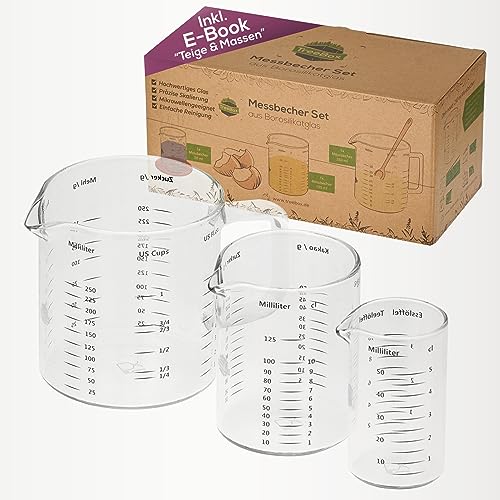 TreeBox Messbecher glas - Messbecher klein -3er Set (250ml, 125ml & 50ml) - Robuste und hitzebeständige Messbecher Set aus Borosilikatglas - Mikrowellengeeignet -Perfekt zum Backen und Mischen von TreeBox