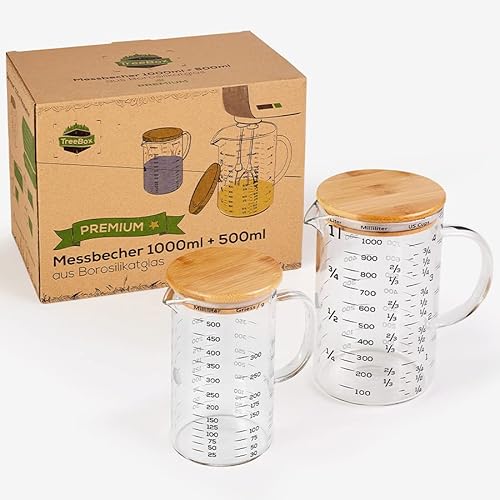 TreeBox Premium Messbecher glas - Messbecher 1l & 500ml - 2er Set - Robuste und hitzebeständige Messbecher Set aus Borosilikatglas mit Bambusdeckel - Mikrowellengeeignet - Zum Backen & Mischen von TreeBox