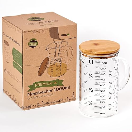 TreeBox Premium Messbecher 1l - Messbecher glas - Robuste und hitzebeständige Messbecher Set aus Borosilikatglas mit Bambusdeckel - Mikrowellengeeignet - Perfekt zum Backen, Kochen und Mischen von TreeBox