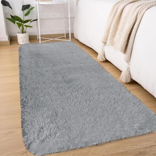 Treeboy Hochflor Grau Teppich Wohnzimmer 60x120 Waschbar Anti-Rutsch Extra Große Teppich Schlafzimmer Flauschige Moderne Teppiche Matte Teppichen für Schlafzimmer Kinderzimmer von Treeboy