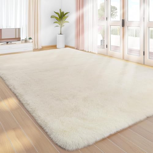 Treeboy Hochflor Teppich Creme Carpet Wohnzimmer 240x300 Waschbar Anti-Rutsch Extra Große Teppiche Schlafzimmer Flauschige Moderne Teppiche Matte Teppichen für Schlafzimmer Kinderzimmer von Treeboy