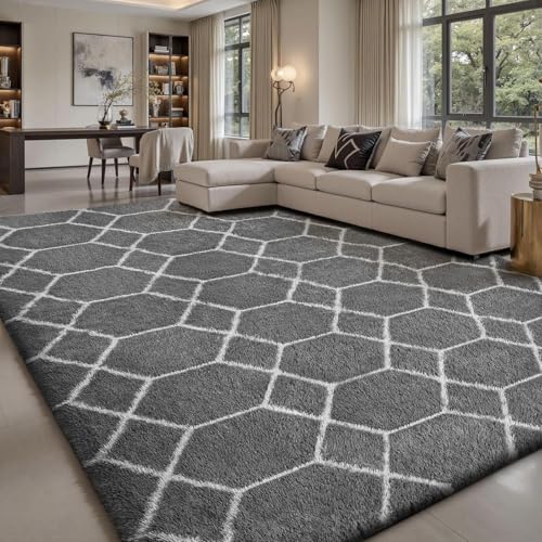 Treeboy Hochflor Teppich Grau Carpet Wohnzimmer 120x160 Waschbar Anti-Rutsch Extra Große Teppiche Schlafzimmer Flauschige Moderne Teppiche Matte Teppichen für Schlafzimmer Kinderzimmer von Treeboy