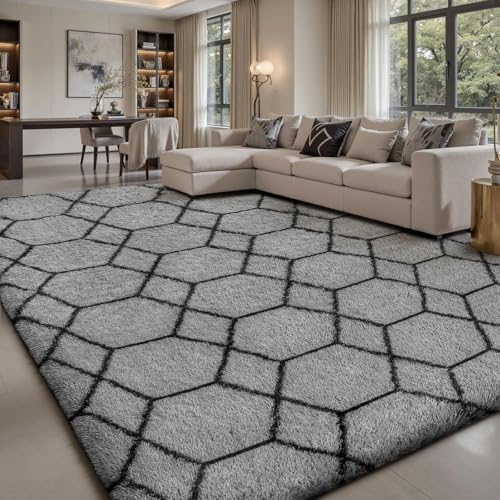 Treeboy Hochflor Teppich Grau Carpet Wohnzimmer 120x160 Waschbar Anti-Rutsch Extra Große Teppiche Schlafzimmer Flauschige Moderne Teppiche Matte Teppichen für Schlafzimmer Kinderzimmer von Treeboy