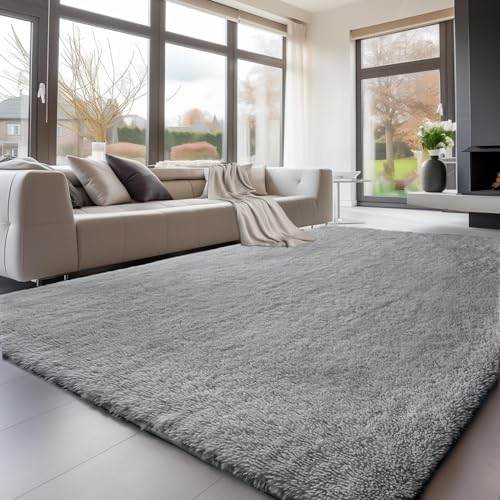 Treeboy Hochflor Grau Teppich Wohnzimmer 120x160 Waschbar Anti-Rutsch Extra Große Teppich Schlafzimmer Flauschige Moderne Teppiche Matte Teppichen für Schlafzimmer Kinderzimmer von Treeboy