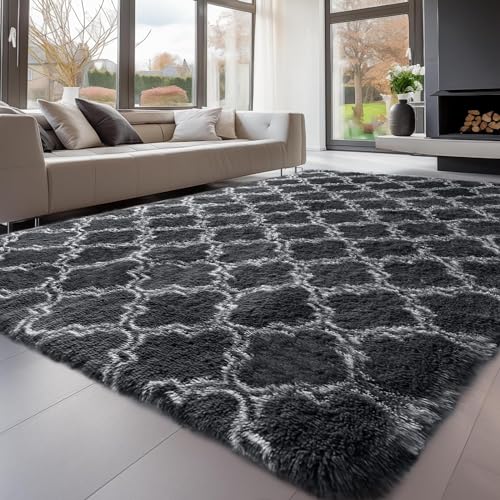 Treeboy Hochflor Teppich Grau Teppich Wohnzimmer 240x340 Waschbar Anti-Rutsch Extra Große Teppich Schlafzimmer Flauschige Moderne Teppiche Matte Teppichen für Schlafzimmer Kinderzimmer von Treeboy