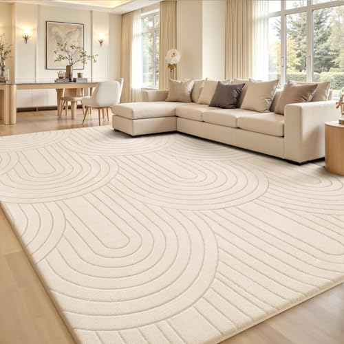 Treeboy Kurzflor Teppich Wohnzimmer, Teppich Groß 275 x 370 cm, 3D Halbkreismuster Carpet Beige Waschbarer Teppiche Schlafzimmer Flauschige Rugs, Teppiche Gegend mit Rutschmatte von Treeboy