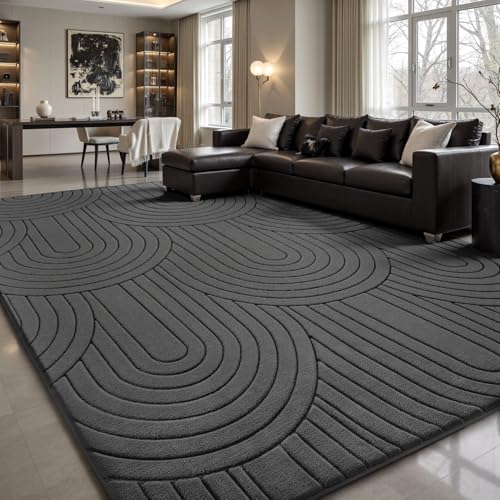 Treeboy Kurzflor Teppich Wohnzimmer, Teppich Groß 200 x 300 cm, 3D Halbkreismuster Carpet Dunkelgrau Waschbarer Teppiche Schlafzimmer Flauschige Rugs Teppiche Gegend mit Rutschmatte von Treeboy
