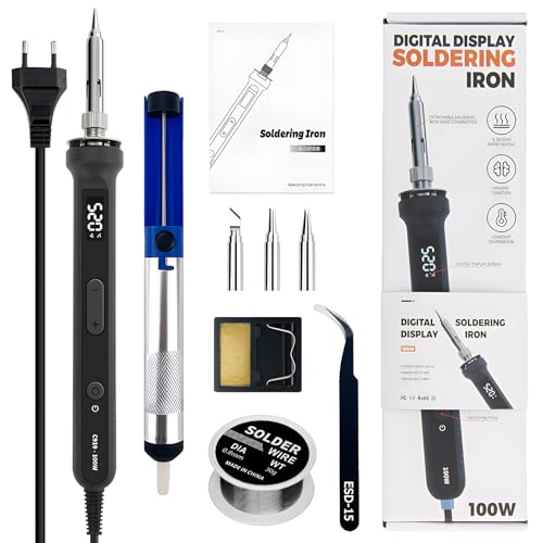 Treedix Lötkolben Set, 100W verstellbarer Temperatur Lötkolben mit digitaler Anzeige, Mini Lötkolben, drei zusätzliche Lötkolbenspitzen, Pinzette, Entlötpumpsauger, Lötzinn und Ständer (EU-Stecker) von Treedix