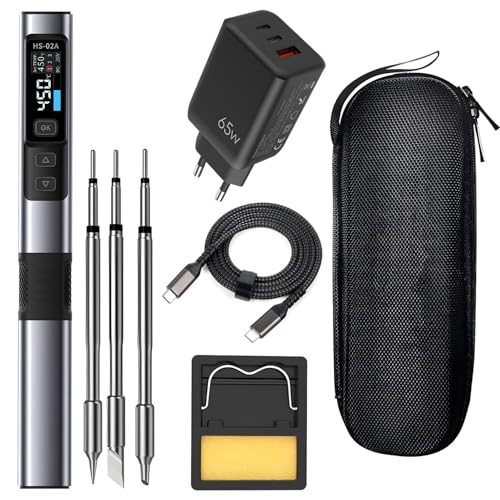 Treedix DC9-24V Mini Lötkolben Set, PD/DC 65W/100W Professioneller Lötkolben mit Digitalem Display und Drei Ersatzlötspitzen, Temperatur Einstellbar, PC/DC Dualstromversorgung, Inklusive PD Ladegerät von Treedix