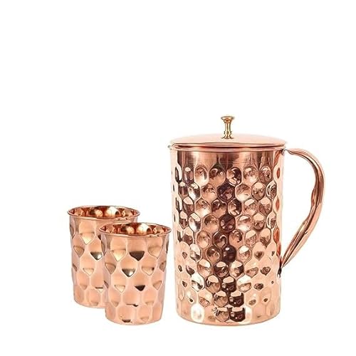 TreegoArt Copper Diamond Design 2000 ml Krug und 2 Kupferglas für Zuhause und Küche, Trinkgeschirr, Geschenk-Set, 3 Stück von TreegoArt