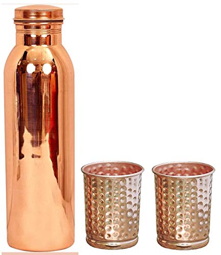TreegoArt Kupfer-Wasserflasche mit 1000 ml und 2 Kupfergläsern, Geschenk-Set (1000 ml Flasche, 300 ml Glas) von TreegoArt