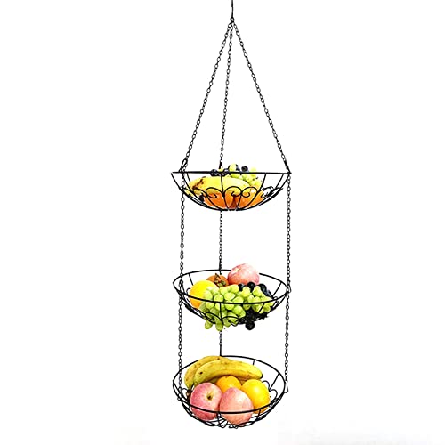 Treeisland Hängekorb 3 Etagen, Obstkorb zum Aufhängen, Obstschale Hängend 3 Etagen Korb für Obst und Gemüse, Schwarz von Treeisland