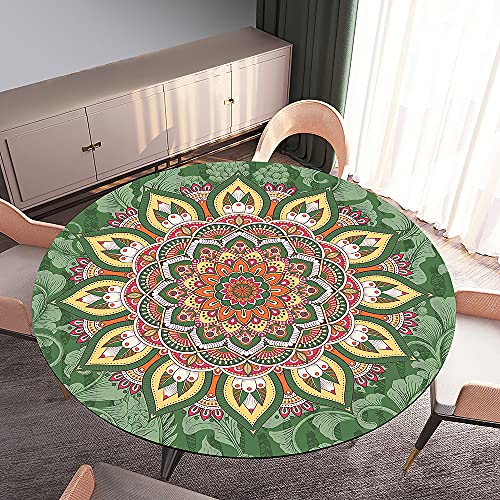 Rund Tischdecke Elastisch Wasserdicht, Treer 3D Mandala Drucken Polyester Abwaschbar Lotuseffekt Tischtuch mit Elastische Kante für Küche Esszimmer Garten Dekoration (Grün,Rund 100cm) von Treer-shop