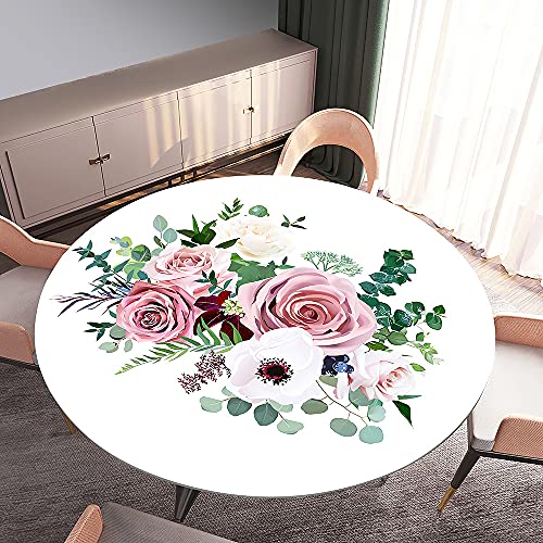 Rund Tischdecke Elastisch Wasserdicht, Treer 3D Rose Drucken Polyester Abwaschbar Lotuseffekt Tischtuch mit Elastische Kante für Küche Esszimmer Garten Dekoration (Strauß,Rund 100cm) von Treer-shop